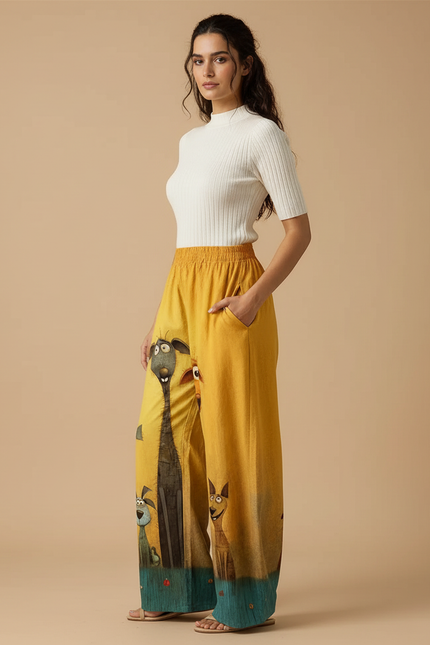 Pantalon Chino Jaune Ample Imprimé Chiens Décontracté - Lin