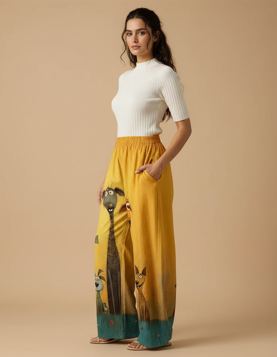 Pantalon Chino Jaune Ample Imprimé Chiens Décontracté - Lin