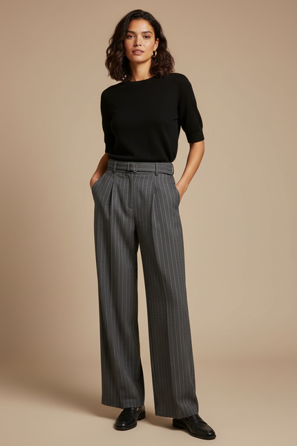 Pantalon Chino Gris Rayé Ample Taille Haute Élégant - Laine
