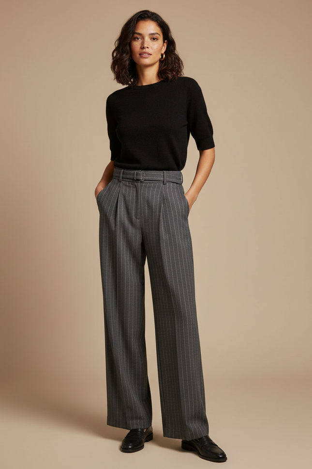 Pantalon Chino Gris Rayé Ample Taille Haute Élégant - Laine