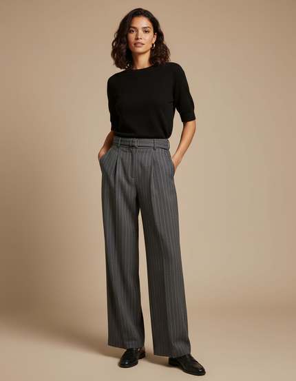 Pantalon Chino Gris Rayé Ample Taille Haute Élégant - Laine