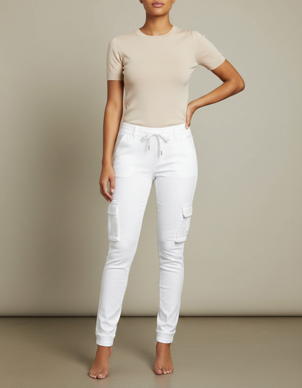 Pantalon Chino Blanc Cargo Slim Femme Cordon - Coton