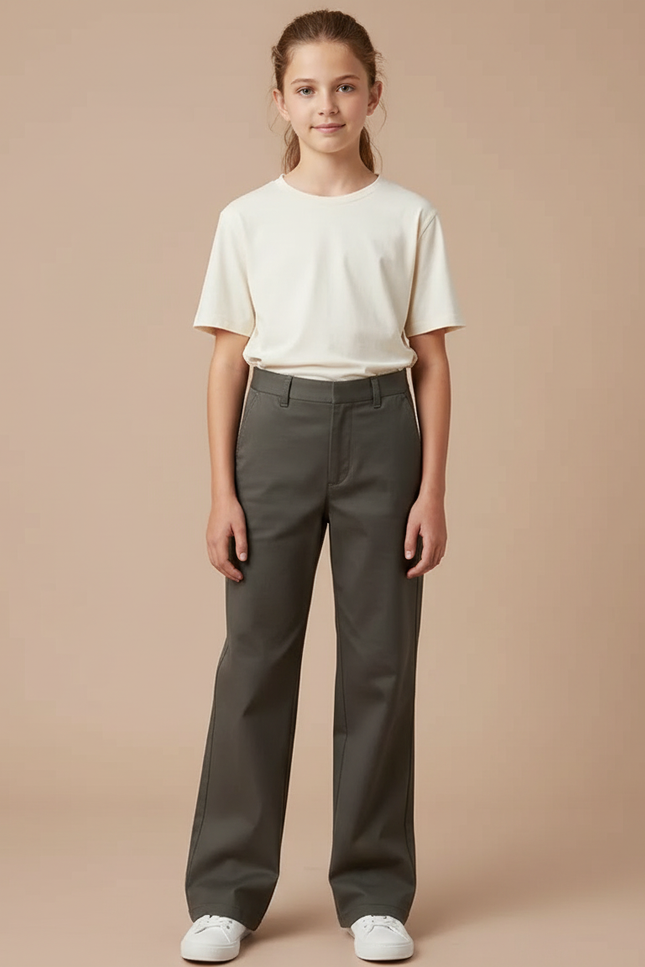 Pantalon Chino Kaki Coupe Droite Fille Décontracté - Gabardine