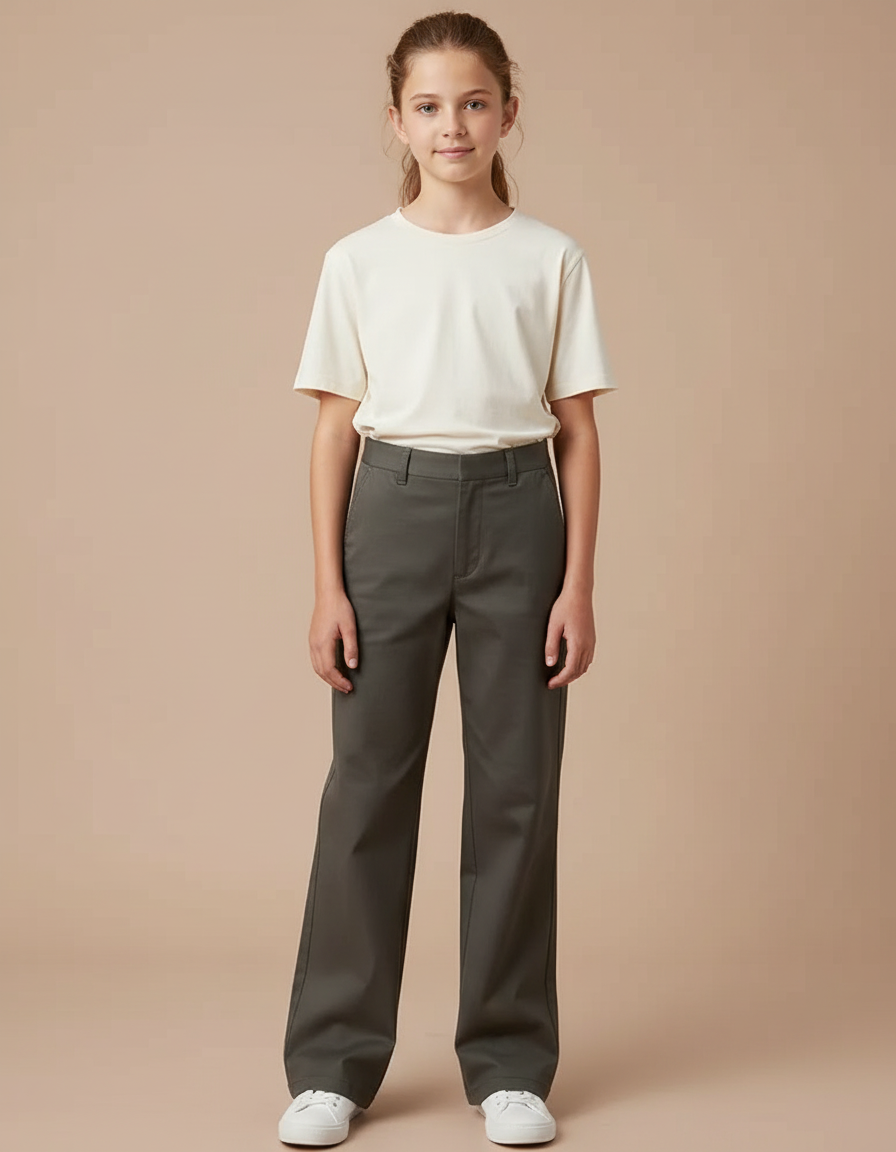 Pantalon Chino Kaki Coupe Droite Fille Décontracté - Gabardine