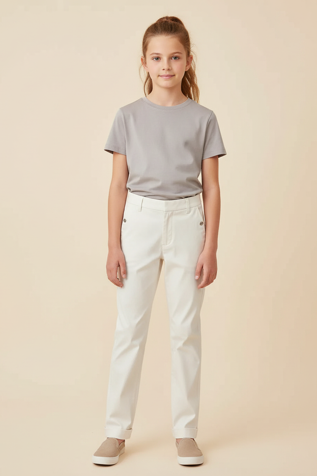 Pantalon Chino Blanc Cassé Coton Droit Décontracté Fille