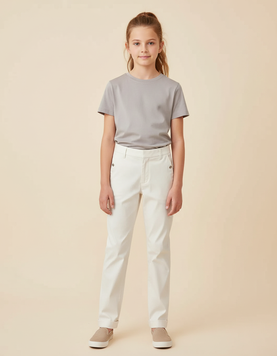 Pantalon Chino Blanc Cassé Coton Droit Décontracté Fille