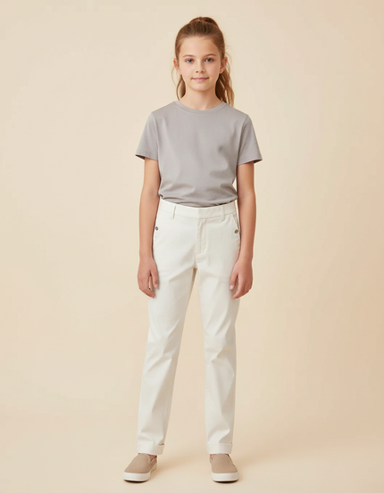 Pantalon Chino Blanc Cassé Coton Droit Décontracté Fille