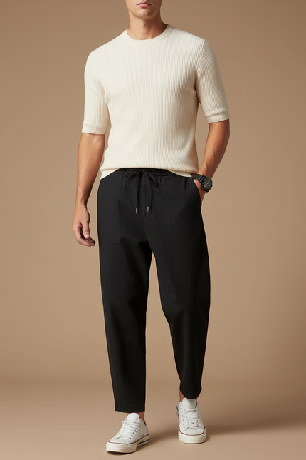 Pantalon Chino Noir Coton Ample Décontracté Homme