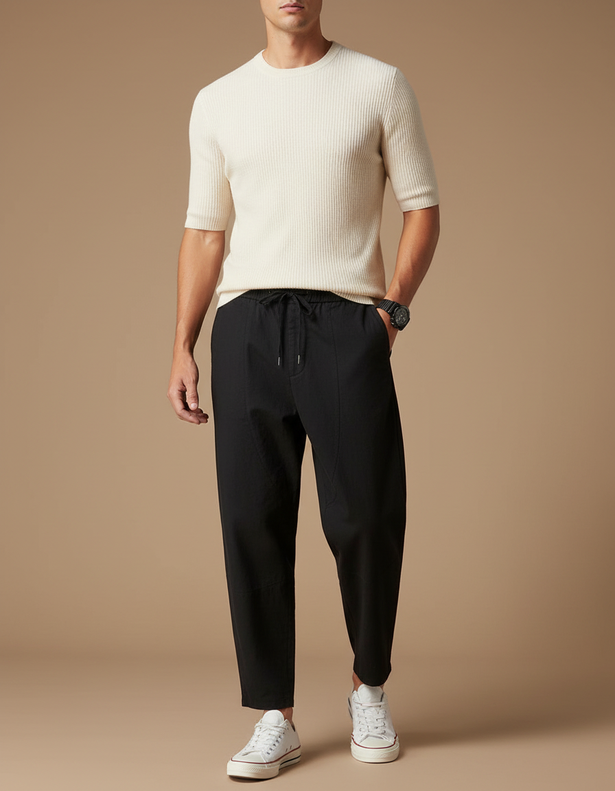 Pantalon Chino Noir Coton Ample Décontracté Homme