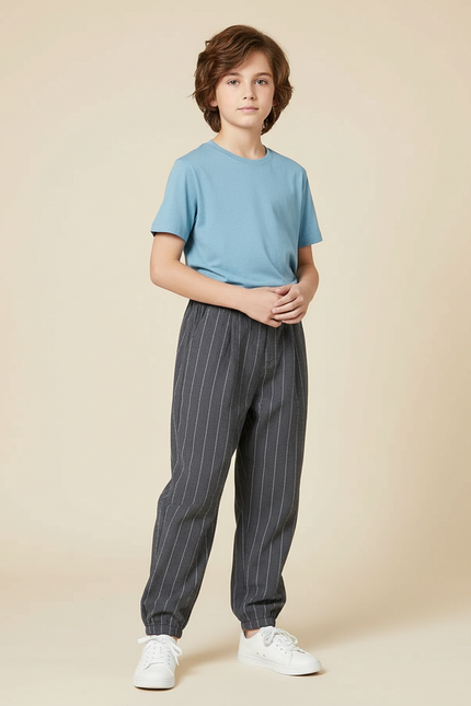 Pantalon Chino Gris Rayé Ample Coton Enfant