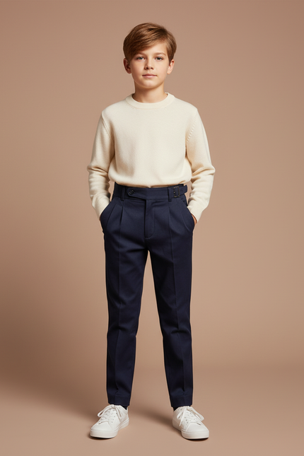 Pantalon Chino Marine Plissé Élégant Taille Haute Enfant - Gabardine