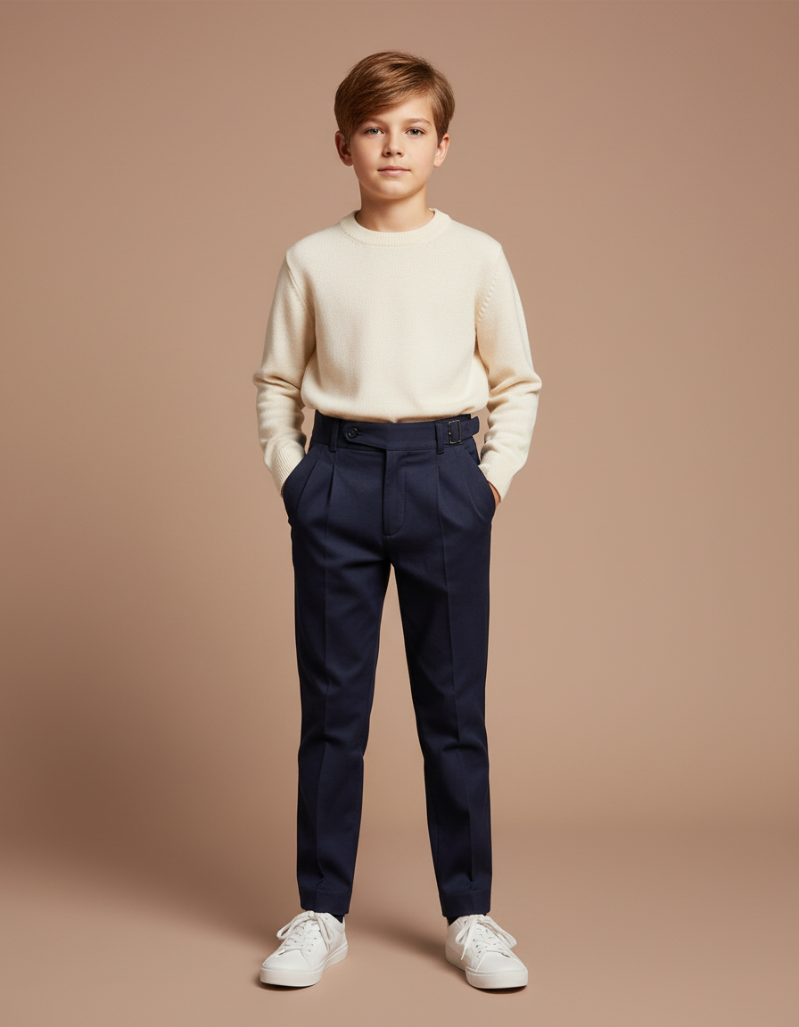 Pantalon Chino Marine Plissé Élégant Taille Haute Enfant - Gabardine
