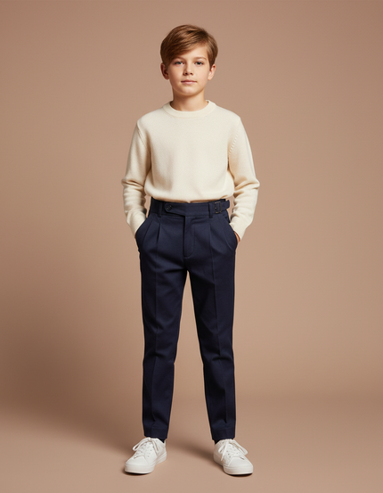 Pantalon Chino Marine Plissé Élégant Taille Haute Enfant - Gabardine