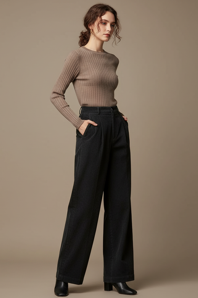 Pantalon Chino Velours Côtelé Noir Ample Femme - Cordé