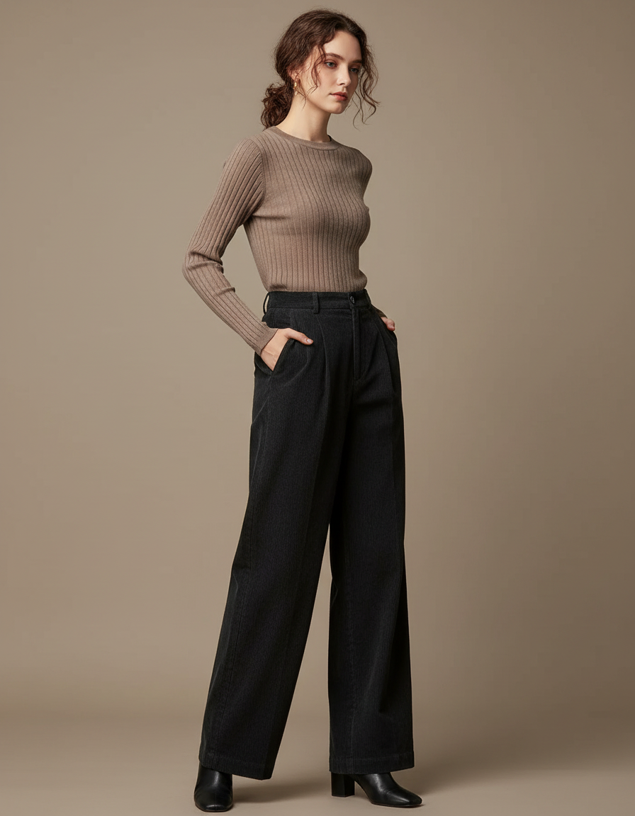Pantalon Chino Velours Côtelé Noir Ample Femme - Cordé