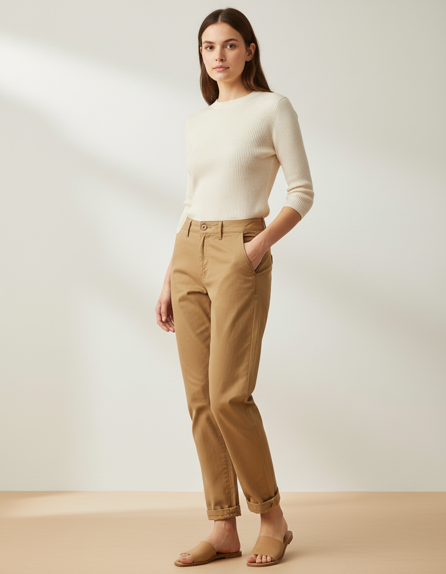 Pantalon Chino Camel Coton Sergé Décontracté Fuselé Femme