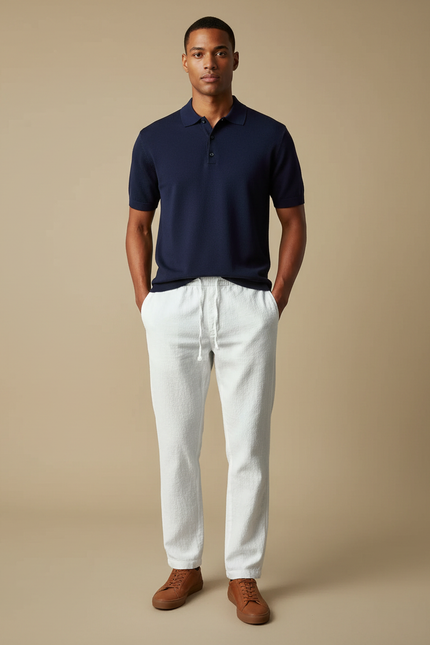 Pantalon Chino Blanc Lin Coton Droit Décontracté Homme
