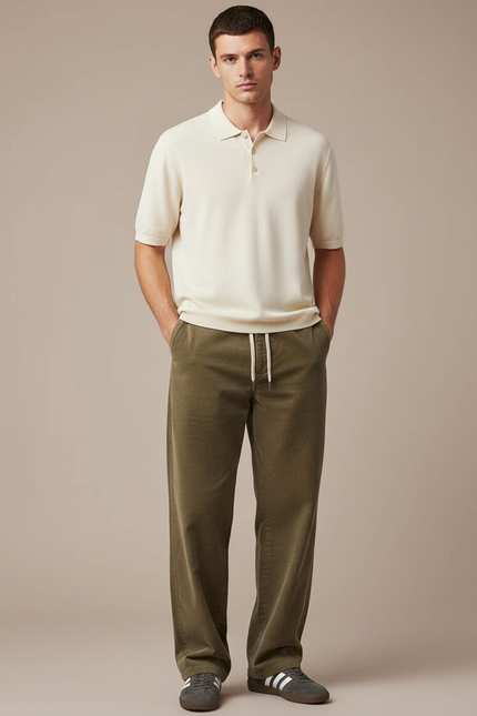 Pantalon Chino Vert Olive Cordon Ample Décontracté Homme - Kaki Cordé