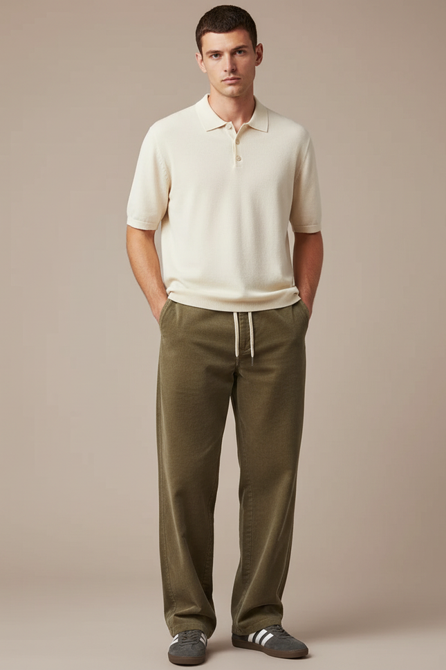 Pantalon Chino Vert Olive Cordon Ample Décontracté Homme - Kaki Cordé