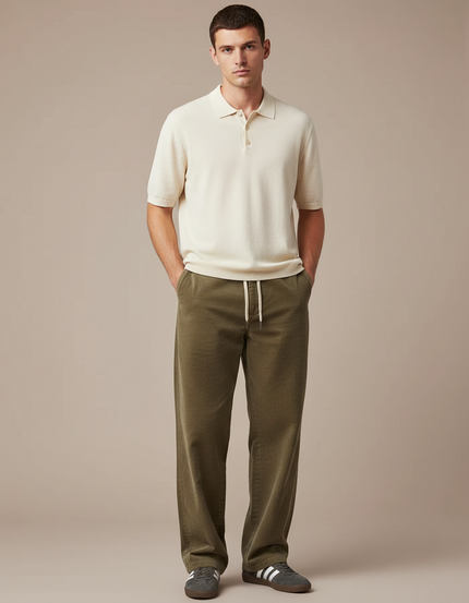 Pantalon Chino Vert Olive Cordon Ample Décontracté Homme - Kaki Cordé