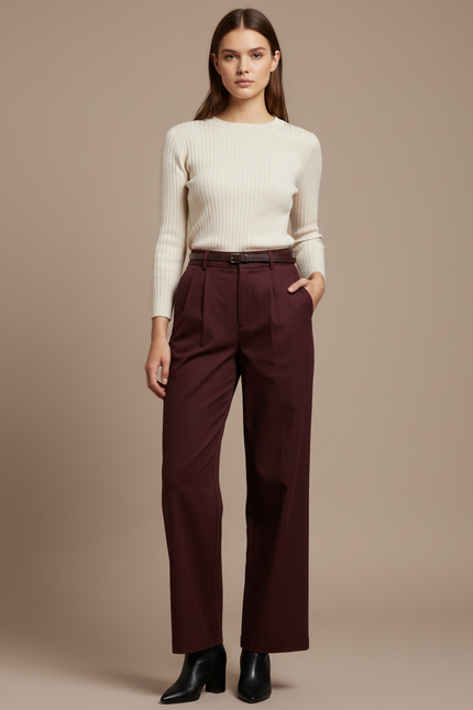 Pantalon Chino Bordeaux Ample Plissé Élégant Femme - Gabardine