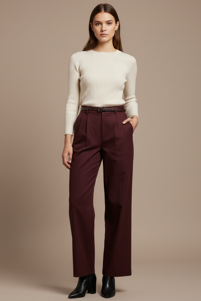 Pantalon Chino Bordeaux Ample Plissé Élégant Femme - Gabardine