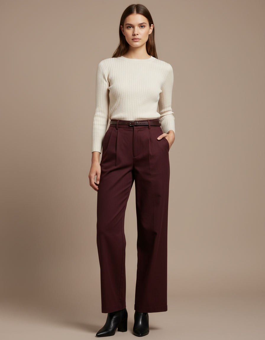 Pantalon Chino Bordeaux Ample Plissé Élégant Femme - Gabardine