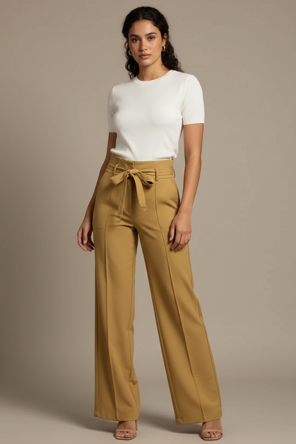 Pantalon Chino Kaki Taille Haute Fluide Élégant Femme - Gabardine