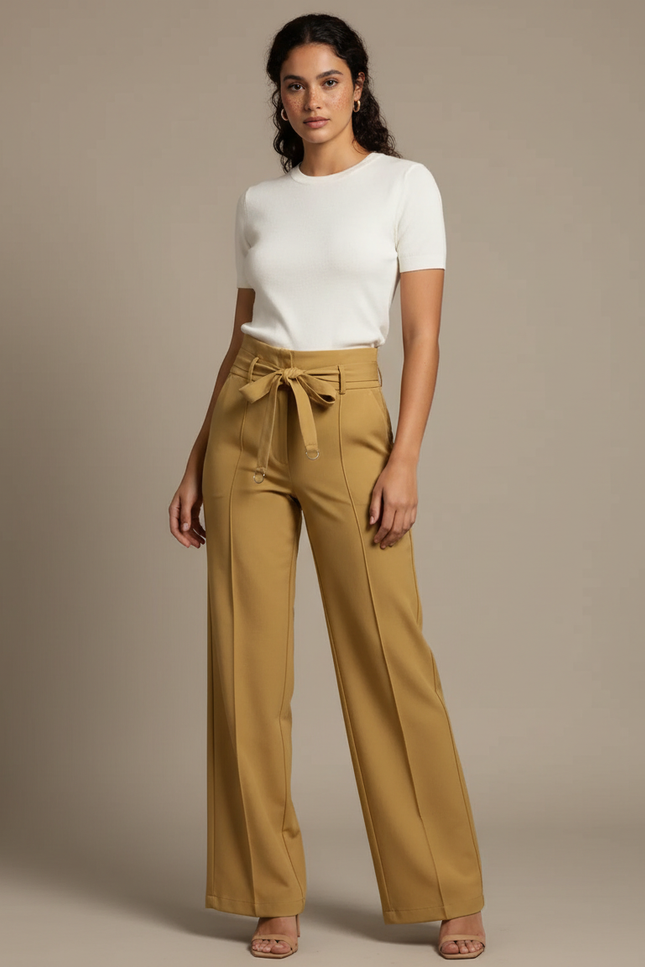 Pantalon Chino Kaki Taille Haute Fluide Élégant Femme - Gabardine