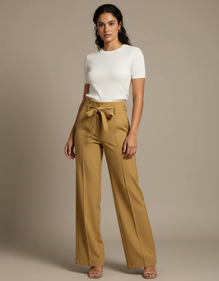 Pantalon Chino Kaki Taille Haute Fluide Élégant Femme - Gabardine