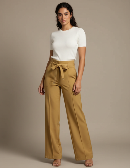 Pantalon Chino Kaki Taille Haute Fluide Élégant Femme - Gabardine