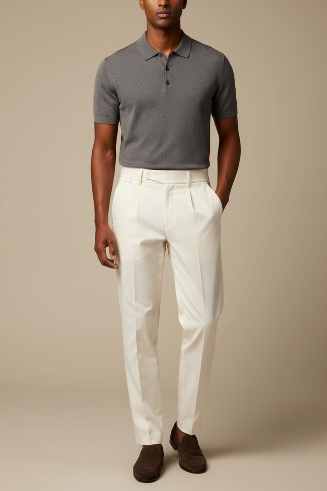 Pantalon Chino Blanc Plissé Droit Élégant Homme - Gabardine