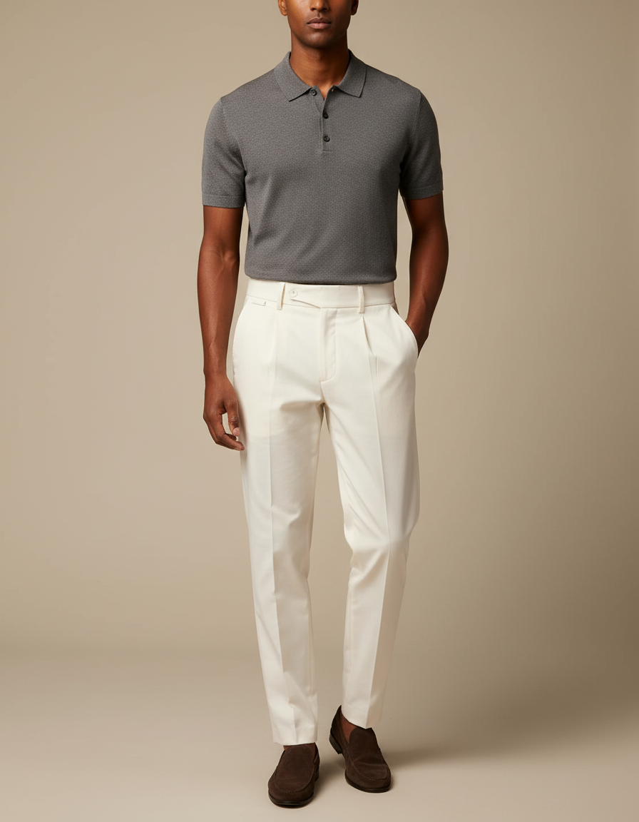 Pantalon Chino Blanc Plissé Droit Élégant Homme - Gabardine