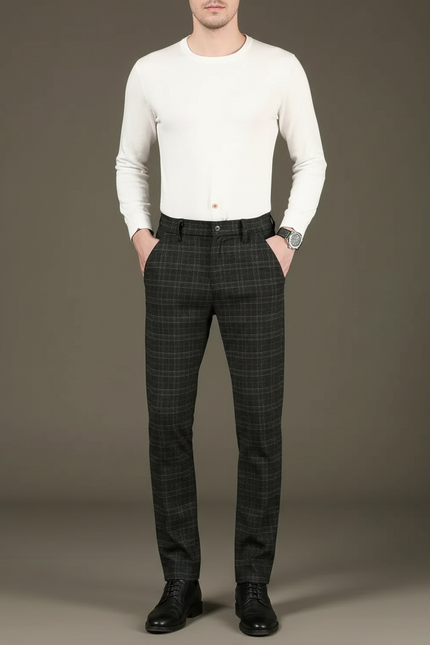 Pantalon Chino Homme Gris Carreaux Droit Élégant - Tweed