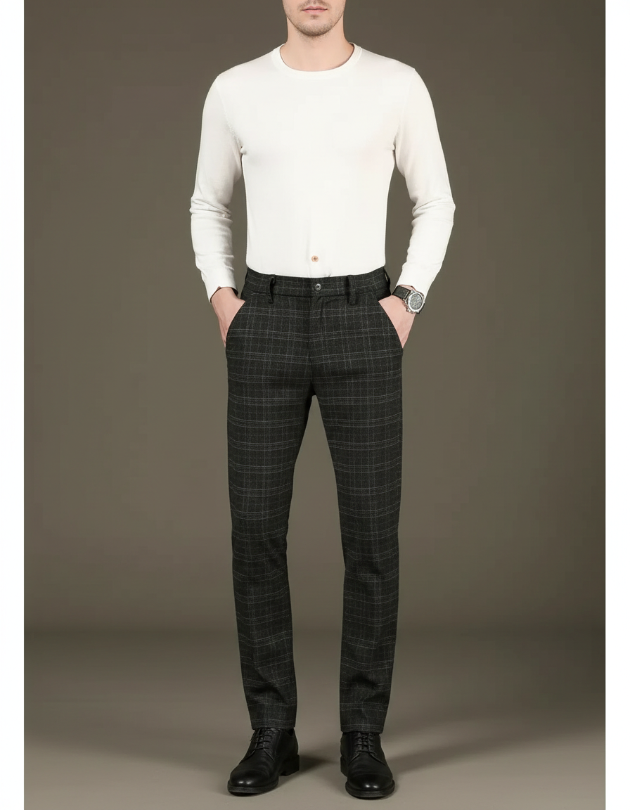 Pantalon Chino Homme Gris Carreaux Droit Élégant - Tweed
