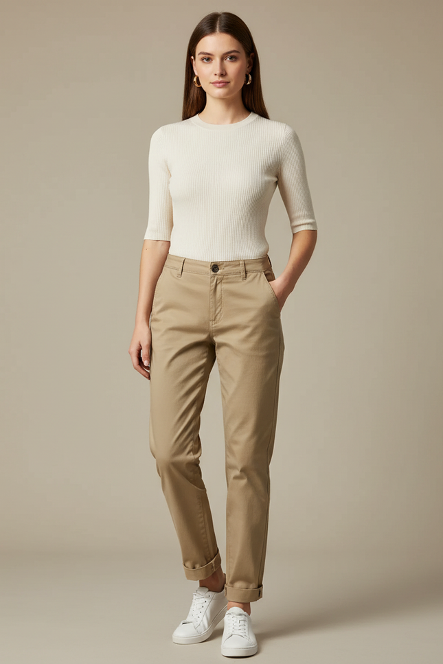 Pantalon Chino Kaki Coton Décontracté Femme Coupe Droite