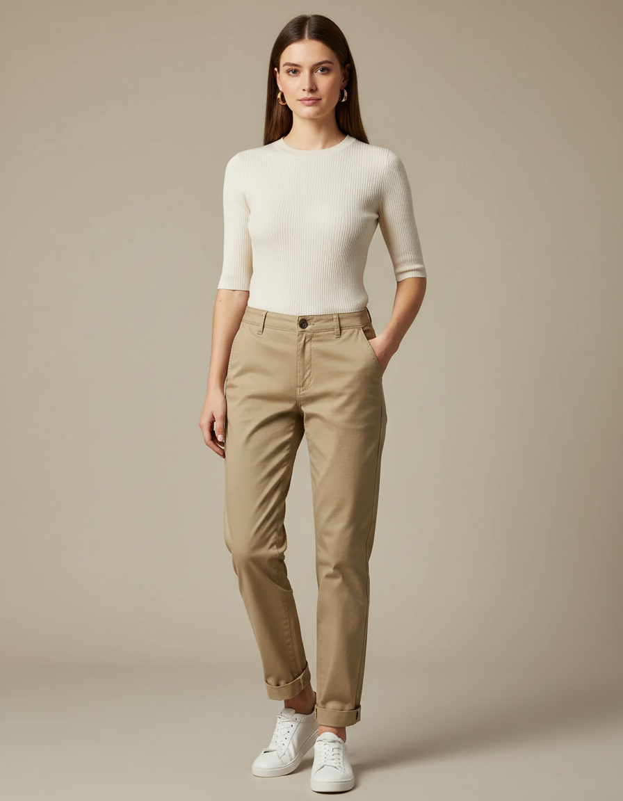Pantalon Chino Kaki Coton Décontracté Femme Coupe Droite