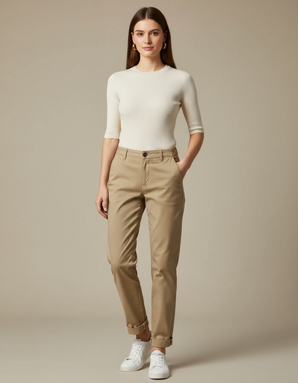 Pantalon Chino Kaki Coton Décontracté Femme Coupe Droite