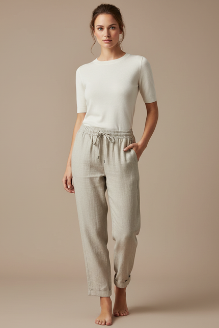 Pantalon Chino Lin Beige Ample Décontracté Femme