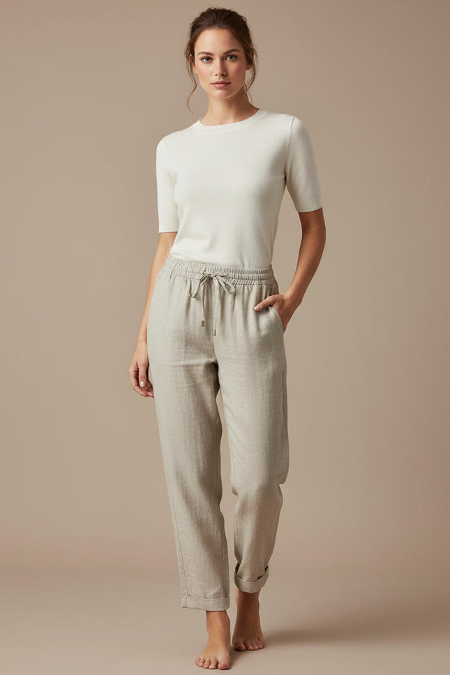 Pantalon Chino Lin Beige Ample Décontracté Femme