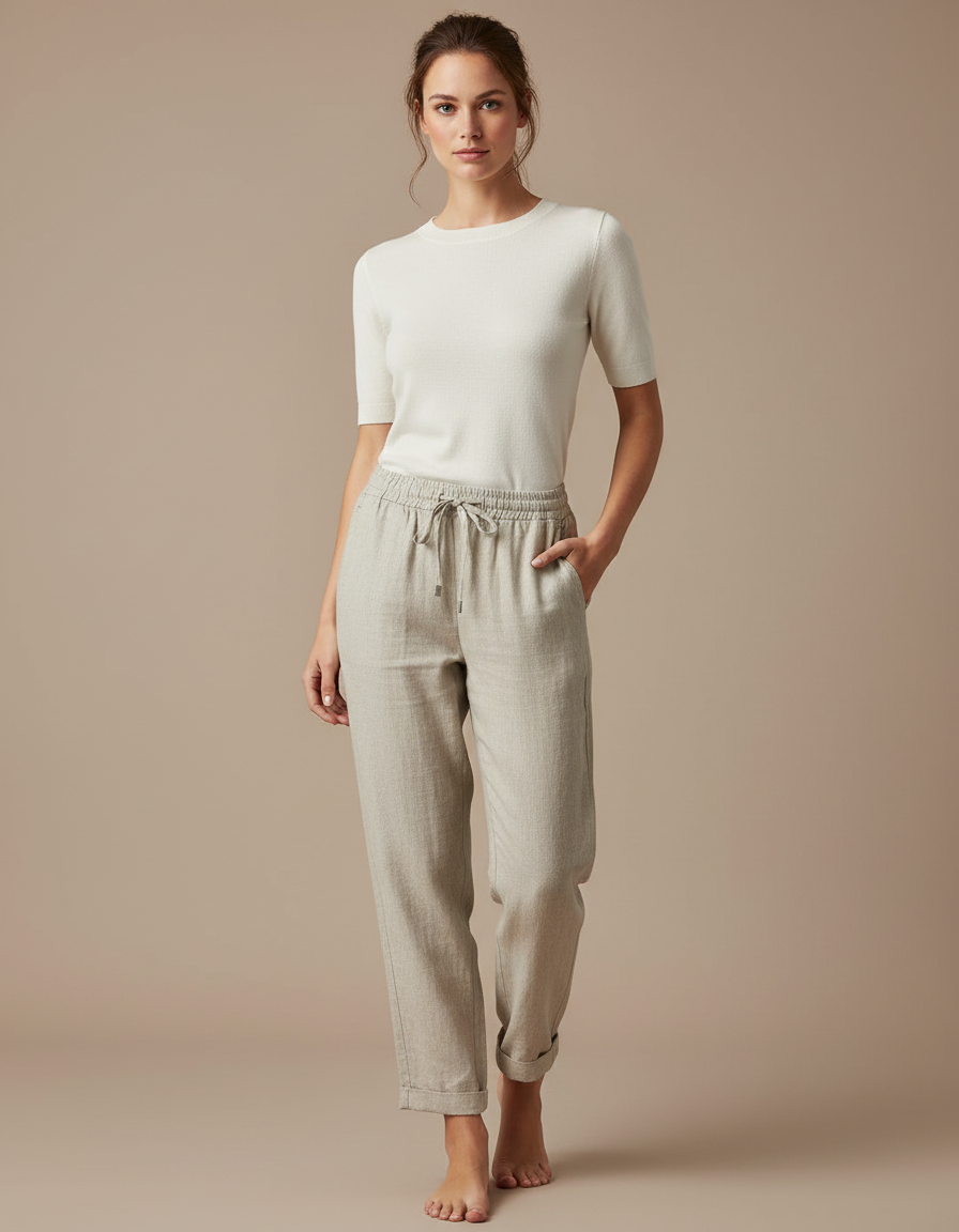 Pantalon Chino Lin Beige Ample Décontracté Femme