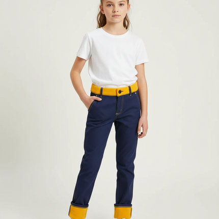Pantalon Chino Bleu Marine Doublé Jaune Décontracté Enfant - Gabardine