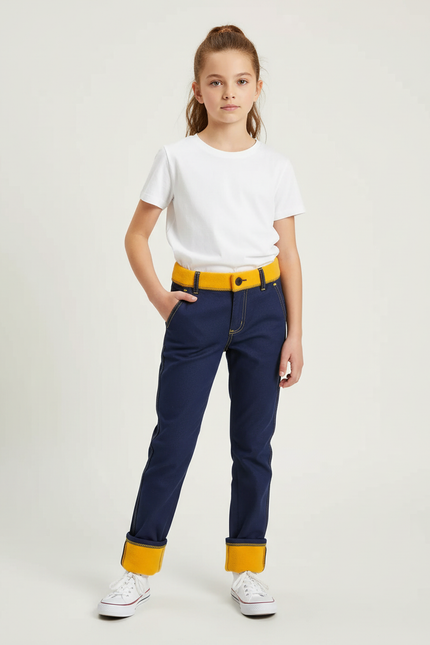 Pantalon Chino Bleu Marine Doublé Jaune Décontracté Enfant - Gabardine