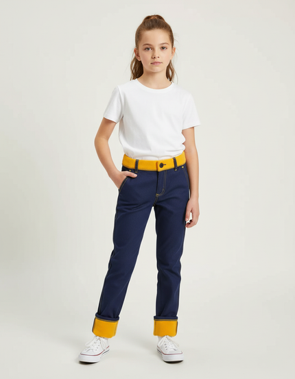 Pantalon Chino Bleu Marine Doublé Jaune Décontracté Enfant - Gabardine