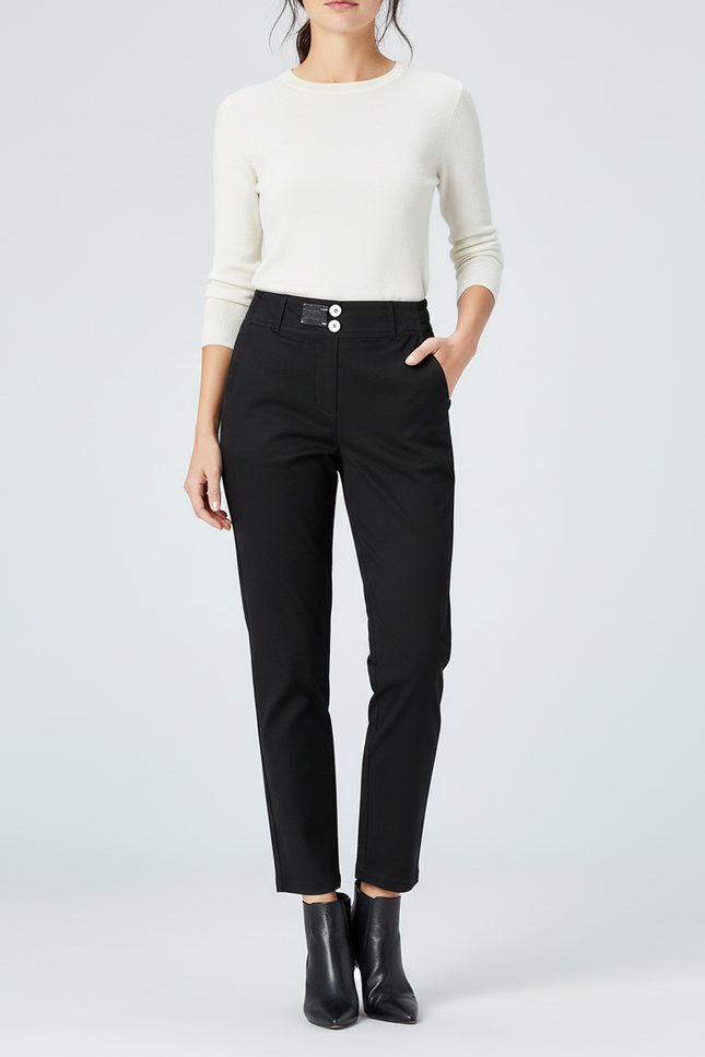 Pantalon Chino Noir Taille Haute Ajusté Femme - Gabardine