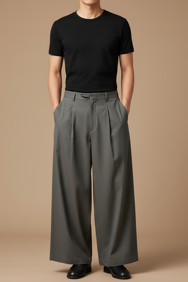 Pantalon Chino Gris Ample Plissé Décontracté Urbain - Gabardine