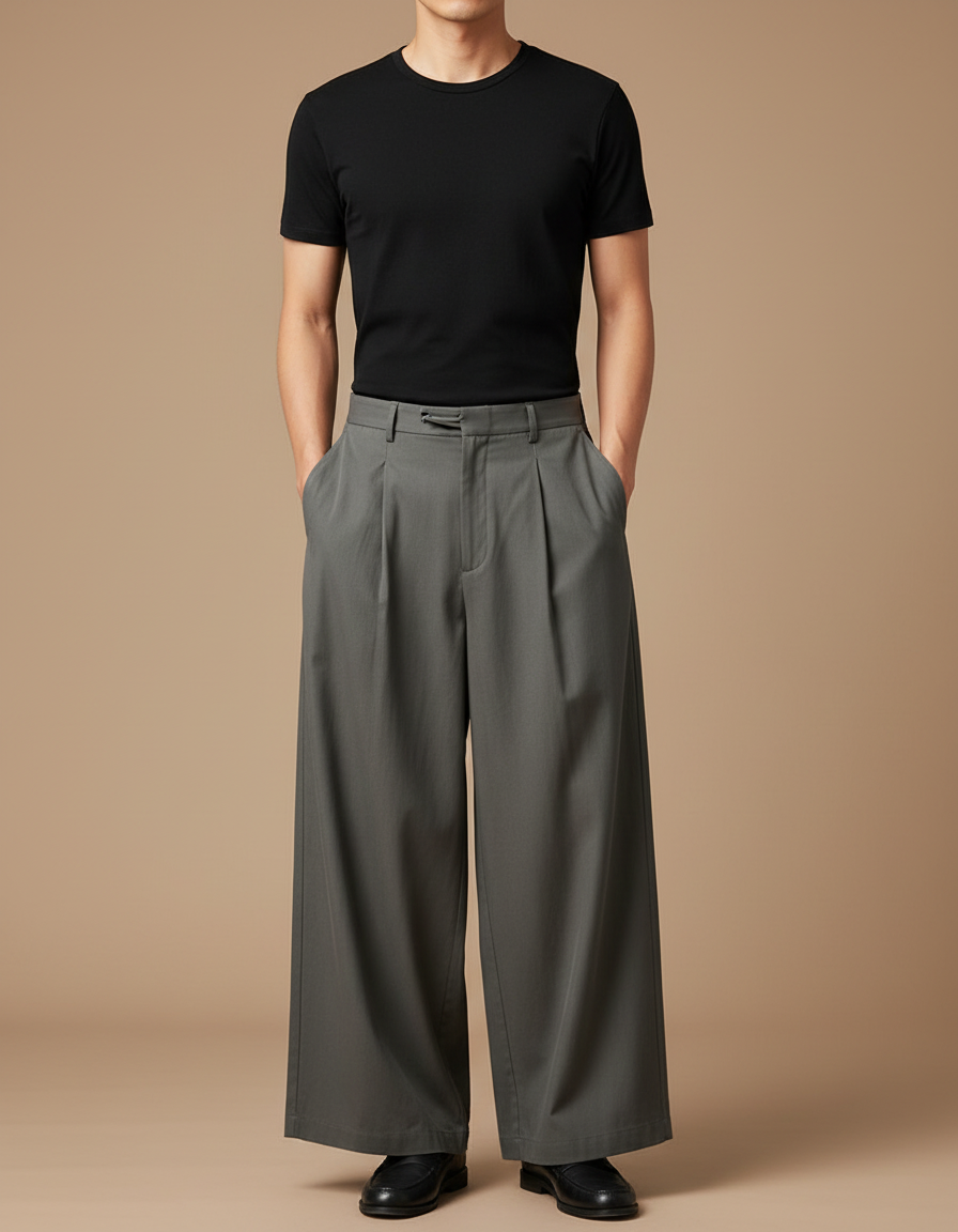 Pantalon Chino Gris Ample Plissé Décontracté Urbain - Gabardine