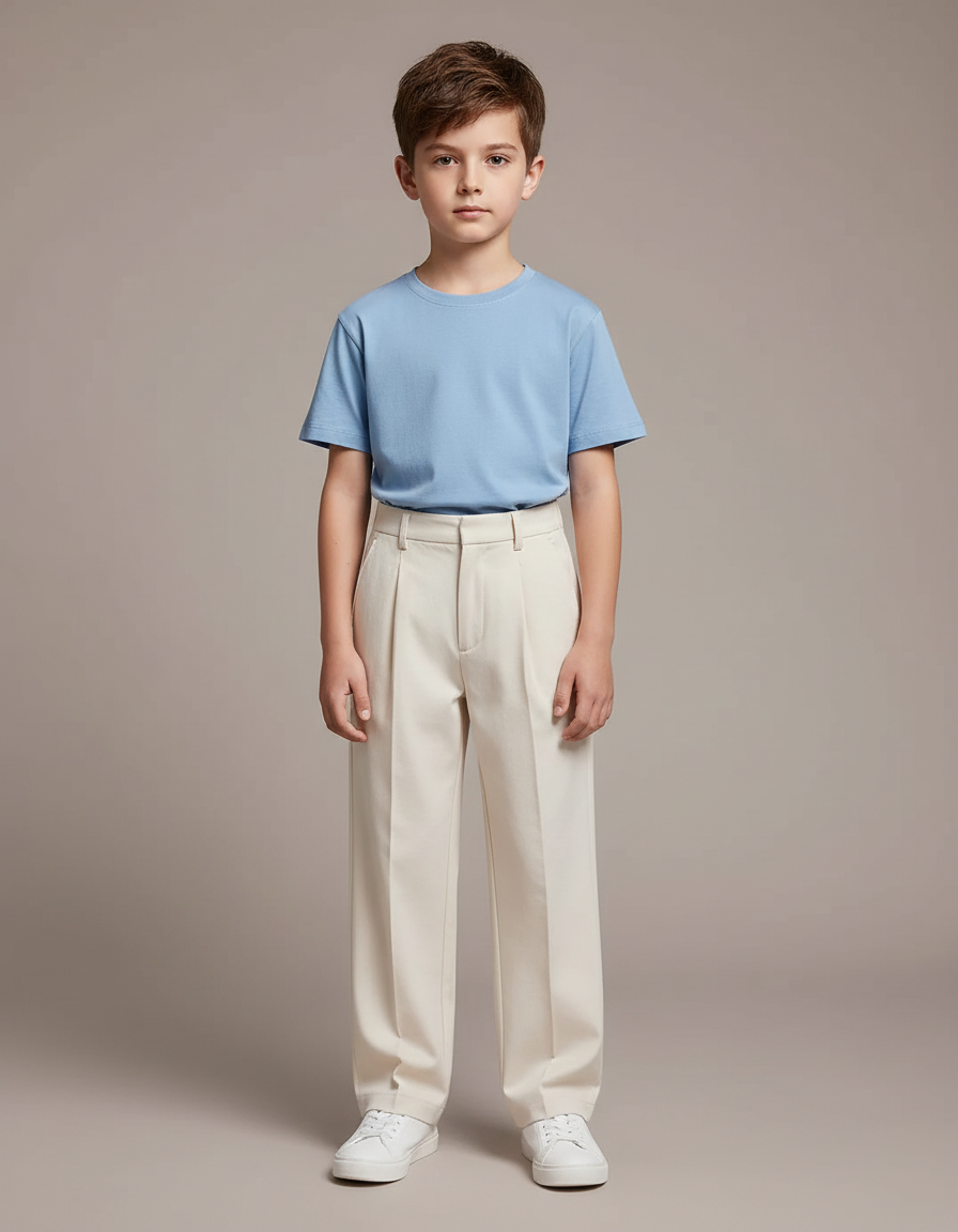 Pantalon Chino Écru Ample Décontracté Enfant Uni - Beige Gabardine