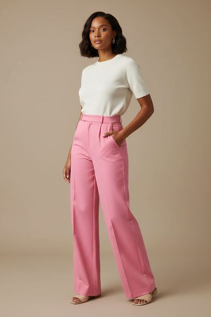 Pantalon Chino Rose Vif Taille Haute Ample Élégant - Gabardine