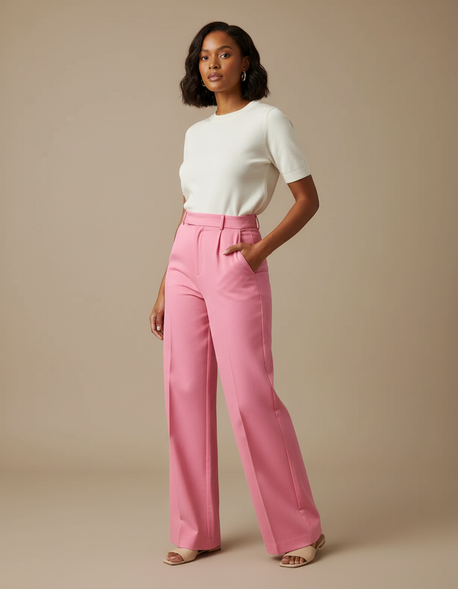 Pantalon Chino Rose Vif Taille Haute Ample Élégant - Gabardine